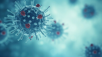 Focus on one virus, blurred background, copy space