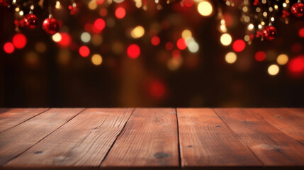 Close up of empty old wooden table over magic red Christmas background