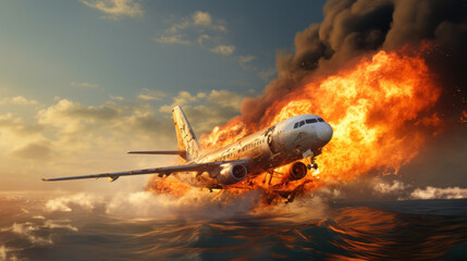 A plane caught fire mid air is diving into the sea