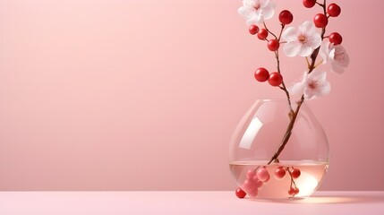 Cherries and cherry flowers with a glass. Minimal background.