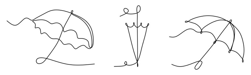 One line drawing, Spring or Autumn umbrella. Vector illustration isolated on white. Continuous line art, Protection Accessory. Design element for Poster, Card, Banner. 