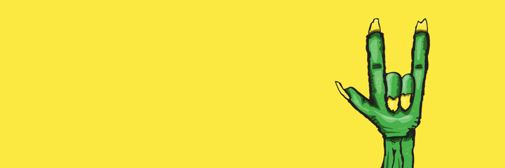 vector green cartoon Zombie rock n roll hand isolated on horizontal yellow background with space for text . vector Zombie party halloween background or horizontal heavy metal poster design template