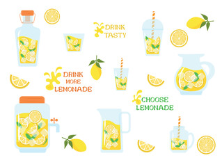 lemonade in bottles, decanters, glasses. Set with lemonade in different containers, different shapes, lemons, mint, lemon slices.