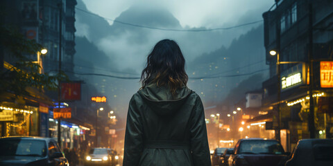 woman walking on a poor street at dusk