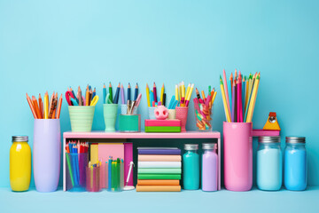 Obraz premium Top view of school supplies, colorful stationary on blue background. Back to school concept. Flat lay