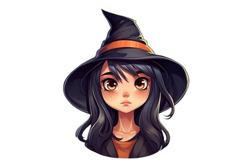 Manga cartoon style girl wearing  witch costume hat on transparent background