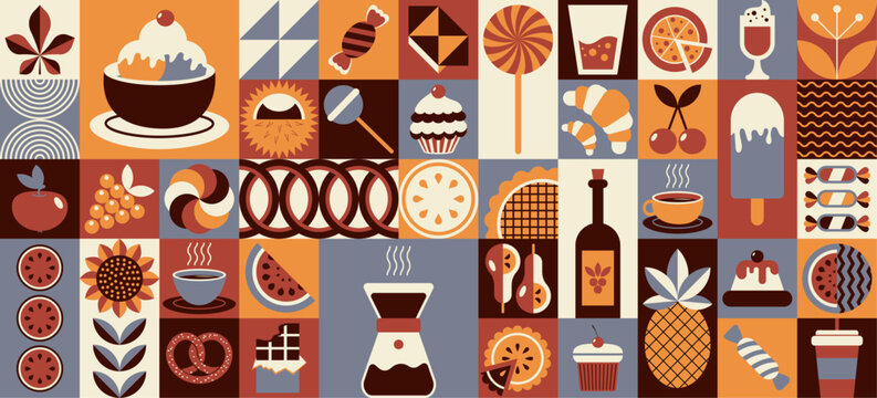 Geometric pattern of food. Bakery products, sweet dessert, fruits, candies, ice cream, tea, coffee, wine, drinks. Simple forms. Bauhaus style. Restaurant menu concept. Vector minimal banner