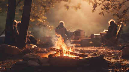 Generative AI, Burning bonfire in the evening, camping outdoor concept in neutral muted colors, tourist camp