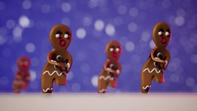 runing four gingerbread characters in christmas animation with snowing in background