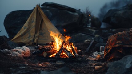 Generative AI, Burning bonfire in the evening, camping outdoor concept in neutral muted colors, tourist camp