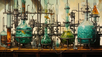 Fototapeta na wymiar Colorful Chemistry: Artistic Glassware in a Laboratory Setting