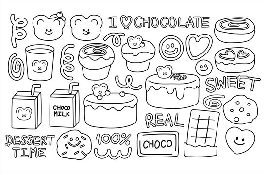Sweet dessert outlines of chocolate, milk box, cinnamon rolls, cookie, cupcake, birthday cake, donut and hot drink for colouring book, colouring page, tattoo, sticker, decorations, logo and icons