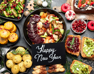 Vegetarian traditional holiday dinner,  Vegan happy Christmas food.