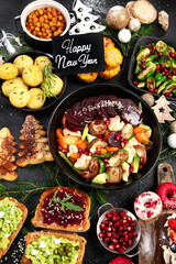 Vegetarian traditional holiday dinner,  Vegan happy Christmas food.