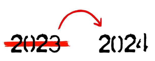 Jahreswechsel von 2023 zu 2024 - Pinselzeichnung
