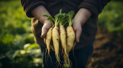 close-up partial view of farmer holding organic  parsnip . Generative AI.