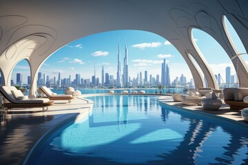 Fototapeta premium Luxury indoor swimming pool with big panoramic windows overlooking the metropolis, part of luxury hotel.