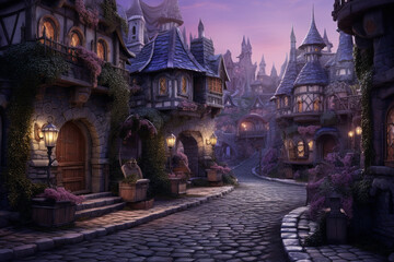 Fototapeta na wymiar Fantasy fairytale alien monster village. Colorful monster alien houses, fantasy amazing design. Twilight. generative AI illustration 