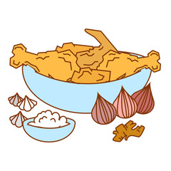 Fried chicken such as wings, legs and breast with its seasoning which are onions, garlic, galangal and flour.