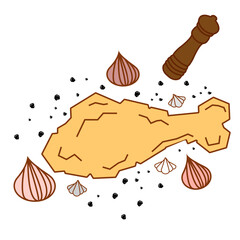 Fried chicken leg with its seasoning such as onions, black pepper and garlics.