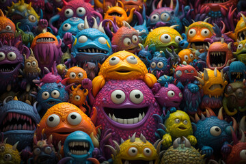 Fototapeta na wymiar Many colorful cute alien monsters trapped and smushed together, scared monsters in a group collage. Generative AI illustration 