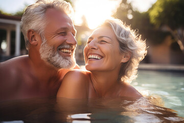 Elderly Lovebirds Unwinding in the Pool
