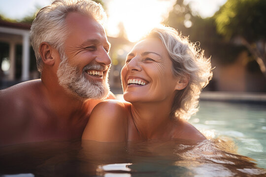 Elderly Lovebirds Unwinding in the Pool