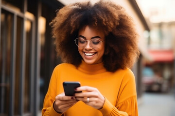 Fototapeta na wymiar Black Female Typing a Chat Message on Her Smartphone