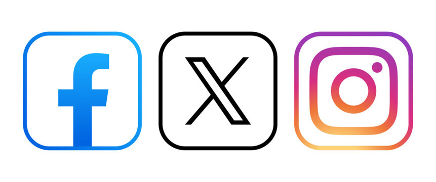 Set of popular social media mobile apps icons with rim: Facebook, Instagram and X Twitter, vector illustration