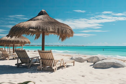Summer all year round concept. Cuba Varadero Beach View on Atlantic Ocean. Sunny Tropical Seascape with Palm Trees. Summer Nature Background.