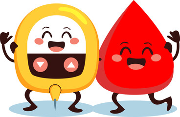 Vector illustration of cute glucometer and blood drop with giving thumb Up. Funny friends character concept