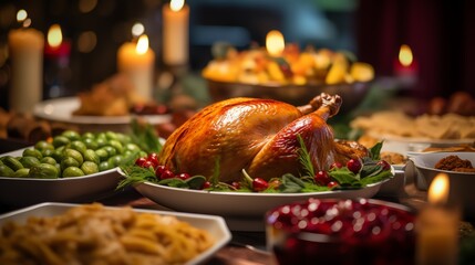 Thanksgiving dinner feast with roasted turkey and side dishes