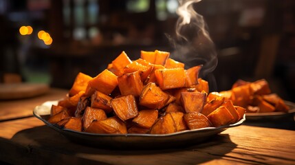 Candied yams on wooden table