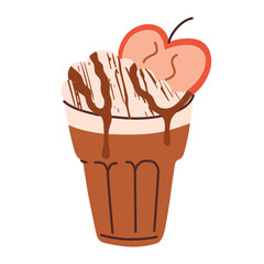 Autumn latte icon, vector illustration of coffee with apple and chocolate topping, caramel candy apple latte, thanksgiving beverage menu, isolated colored clipart on white background