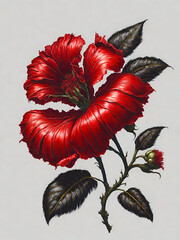 a painting of a red flower with black leaves