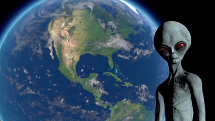 Scary gray alien stands on the moon and looks blinking. Planet Earth Is Visible. UFO futuristic concept. 3D rendering.