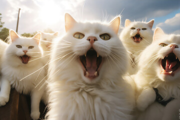 wefie cats with smile and happy face, cute fluffy, hyper realistic, beautiful dreammy light, bright eyes, super cute face, funny face, fish eye lens.