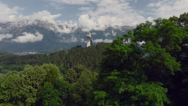 Aerial Shot of Bergisel Ski Jump in Innsbruck designed by the British-Iraqi architect Zaha Hadid in Innsbruck, Austria