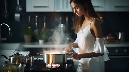 A woman housewife cooks food in a saucepan on the stove at home in the kitchen.