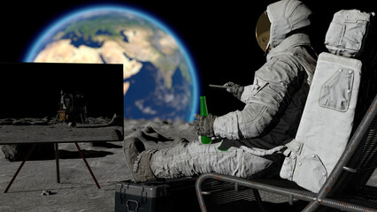 3D rendering. Lunar astronaut drinking beer sitting in easy beach chair on Moon surface, enjoying view of Earth. 3d rendering.