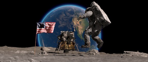 Lunar astronaut jumping on the moon and saluting the American flag. Astronaut walking on the moon. 3d rendering.