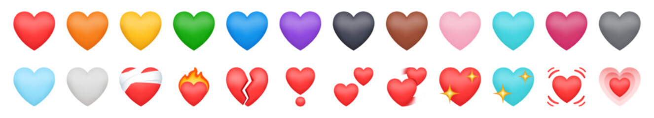 Heart Emojis set. Sparkling, growing, two Hearts, beating, revolving, broken, mending, heart exclamation, red, orange, yellow, green, blue, purple, brown, black, and white emojis. Whatsapp heart emoji