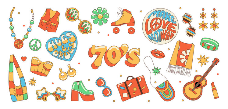 A set of groovy elements in the hippie style. isolated illustrations of the 60s and 70s. Funny, cute stickers