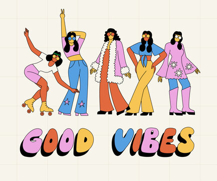 Fashionable girls in clothes of the 70s. Happy groovy hippies are dancing. Good vibes and free love. T-shirt Print