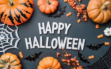 Halloween themed party decorations. Top down view with room for copy. Vector illustration