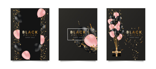 Black Friday sale banners set with confetti, black and pink balloons and a gift box on black background