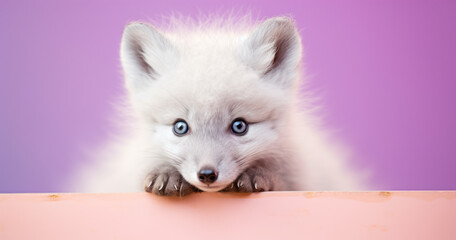 Creative animal concept. Artic Fox peeking over pastel bright background. advertisement, banner, card. copy text space. birthday party invite invitation