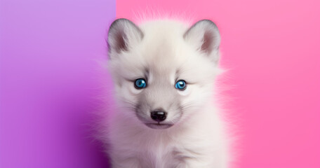 Obraz premium Creative animal concept. Artic Fox peeking over pastel bright background. advertisement, banner, card. copy text space. birthday party invite invitation