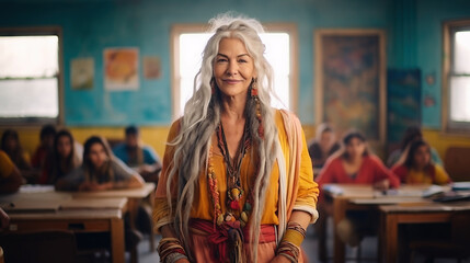 Fototapeta premium Portrait of Alternative Hippie senior teacher in front of classroom 