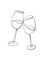 The wine glass cheers is drawn in one line style. Printable wall art.